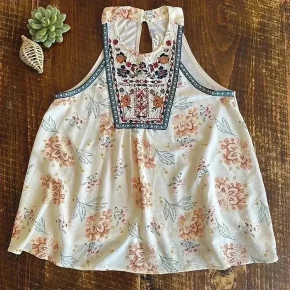 Jolt | Cream Floral Embroidered Boho Tank Top - Picture 1 of 5